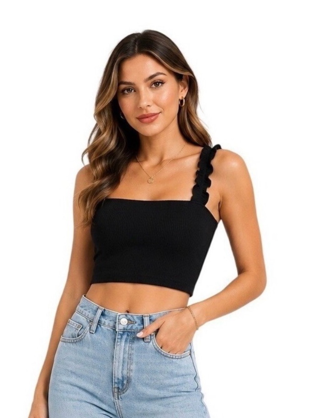 Zara Black Ribbed Ruffle-Strap Crop Top